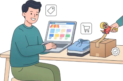 Illustration of someone setting up their own online merchandise store and packing an order