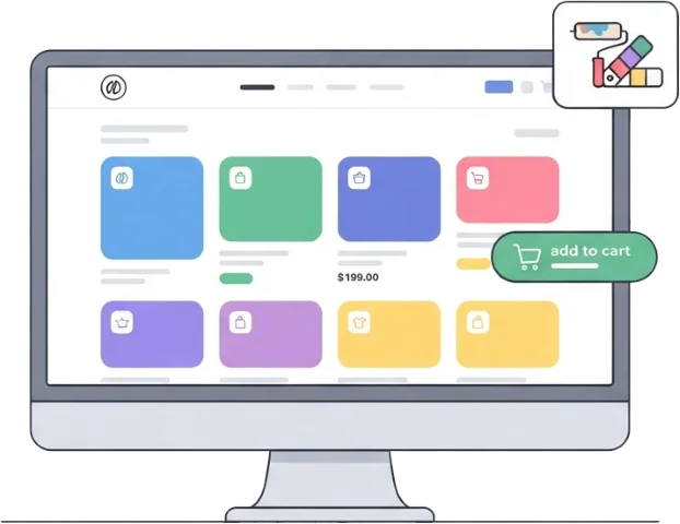 Illustration of a customisable online store screen with a colourful product grid